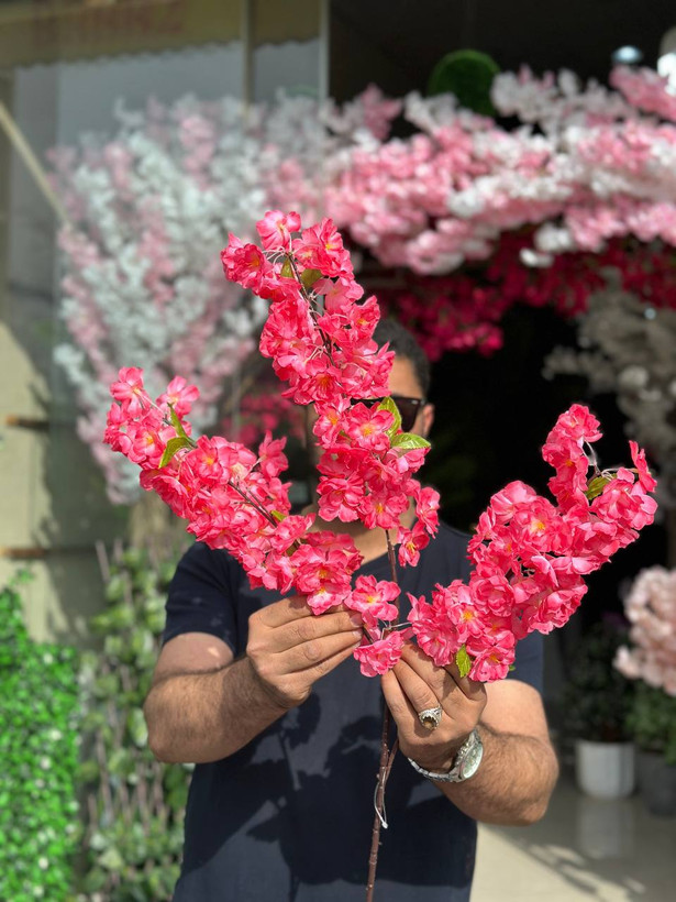 شاخه شکوفه برگدار رنگ سرخابی