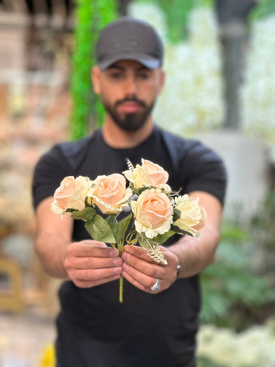 بوته رز مصنوعی ۵ گل رنگ گلبهی