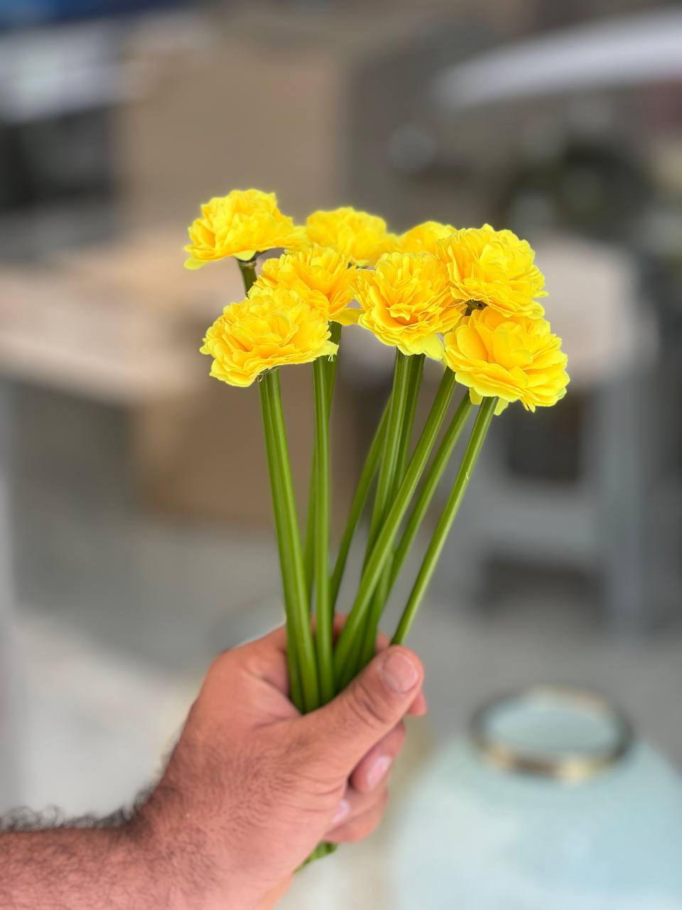 گل داوودی سایز کوچک مصنوعی رنگ زرد مجموعه ۱۰عددی با ساقه