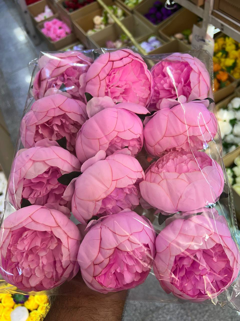 گل مصنوعی پیونی سایز بزرگ صورتی پررنگ 12عددی با شاخه