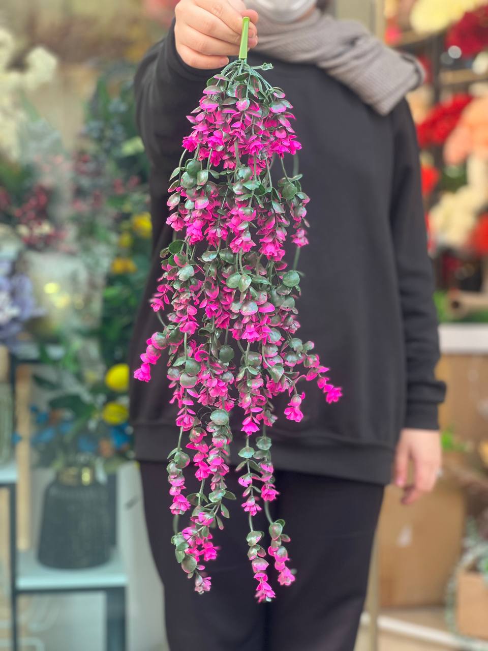 اویز شمشاد14شاخه دورنگ سبز و صورتی وارداتی