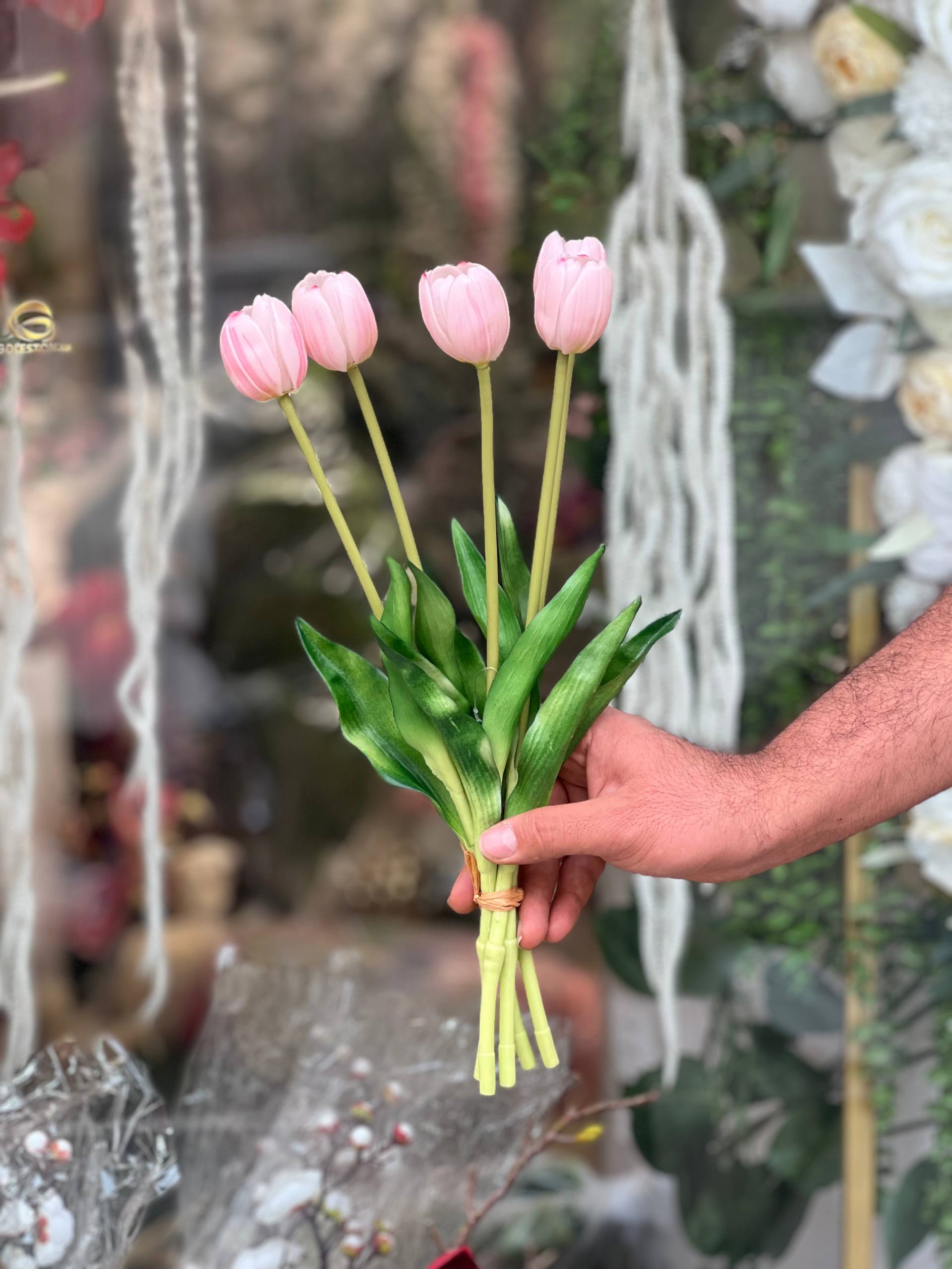 لاله لاتکس مصنوعی۵گل وارداتی بدون تغییر رنگ صورتی کمرنگ