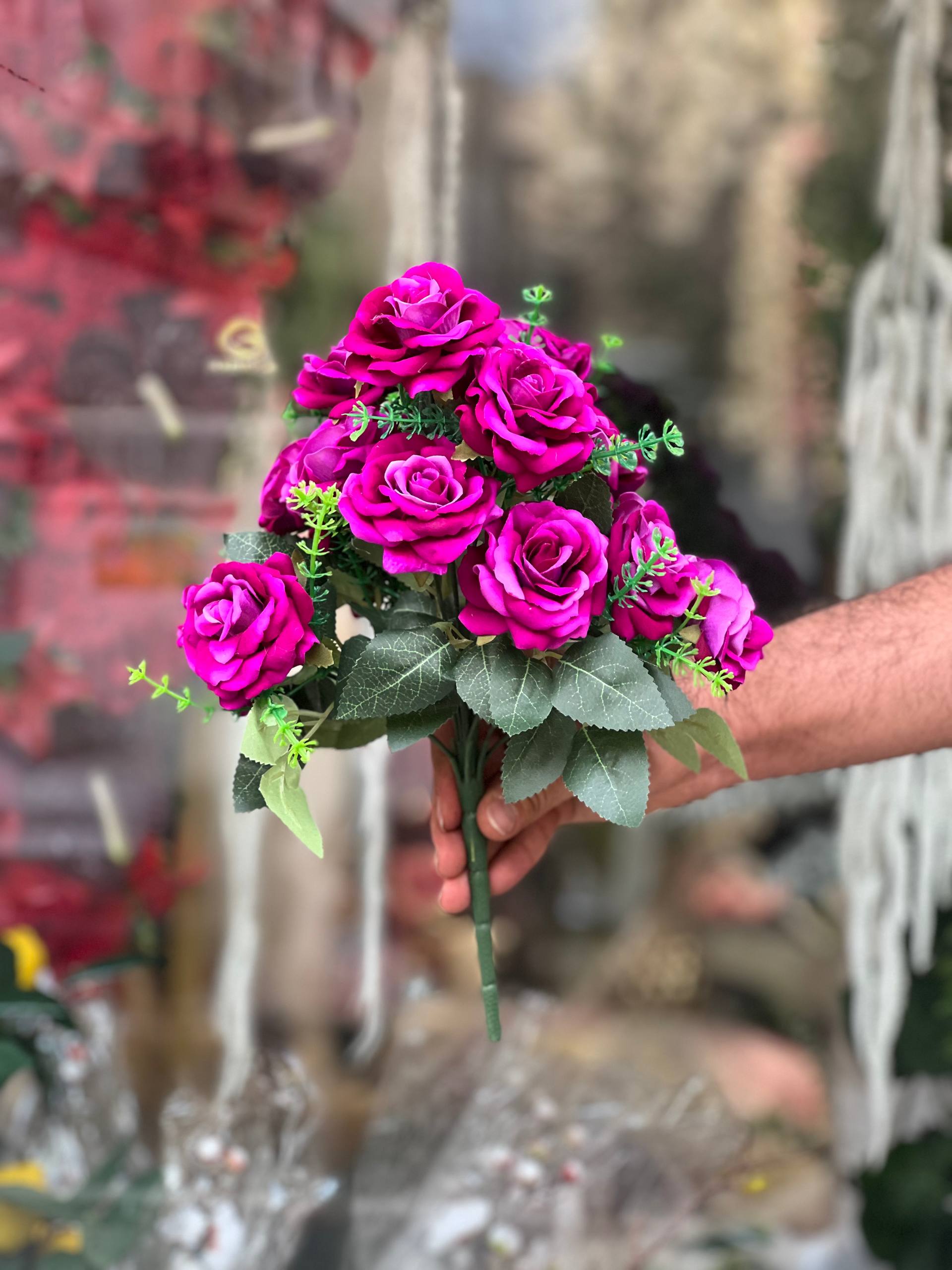 بوته رز مصنوعی ۱۵گل مخمل رنگ بنفش