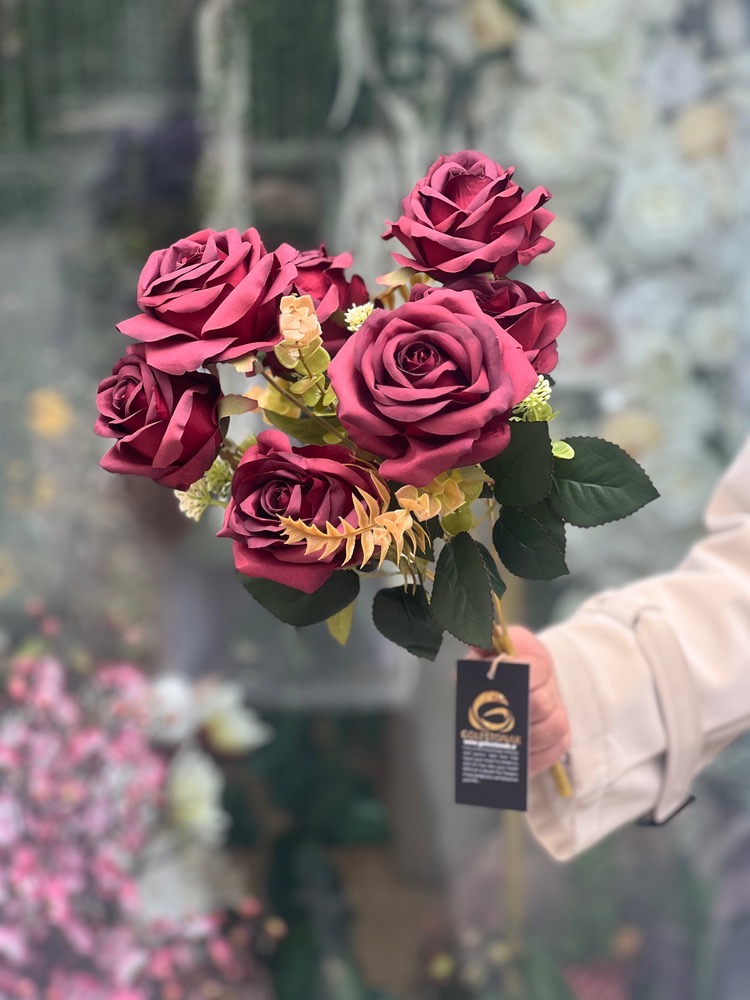 بوته رز فرانسوی ۷گل وارداتی زرشکی