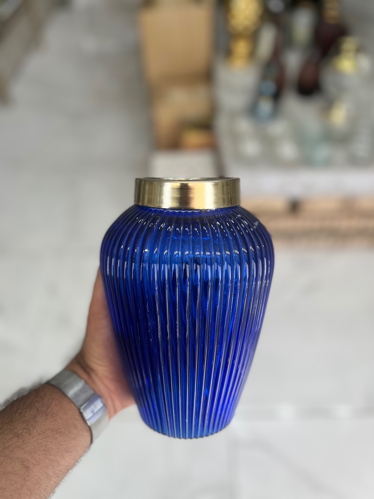 گلدان شیشه ای مدل بهار خط دار کوچک رنگ آبی
