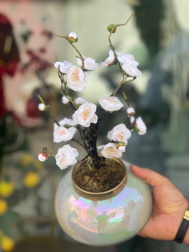 گلدان رومیزی شکوفه ژاپنی سفید وارداتی (جهت هدیه و کادو)
