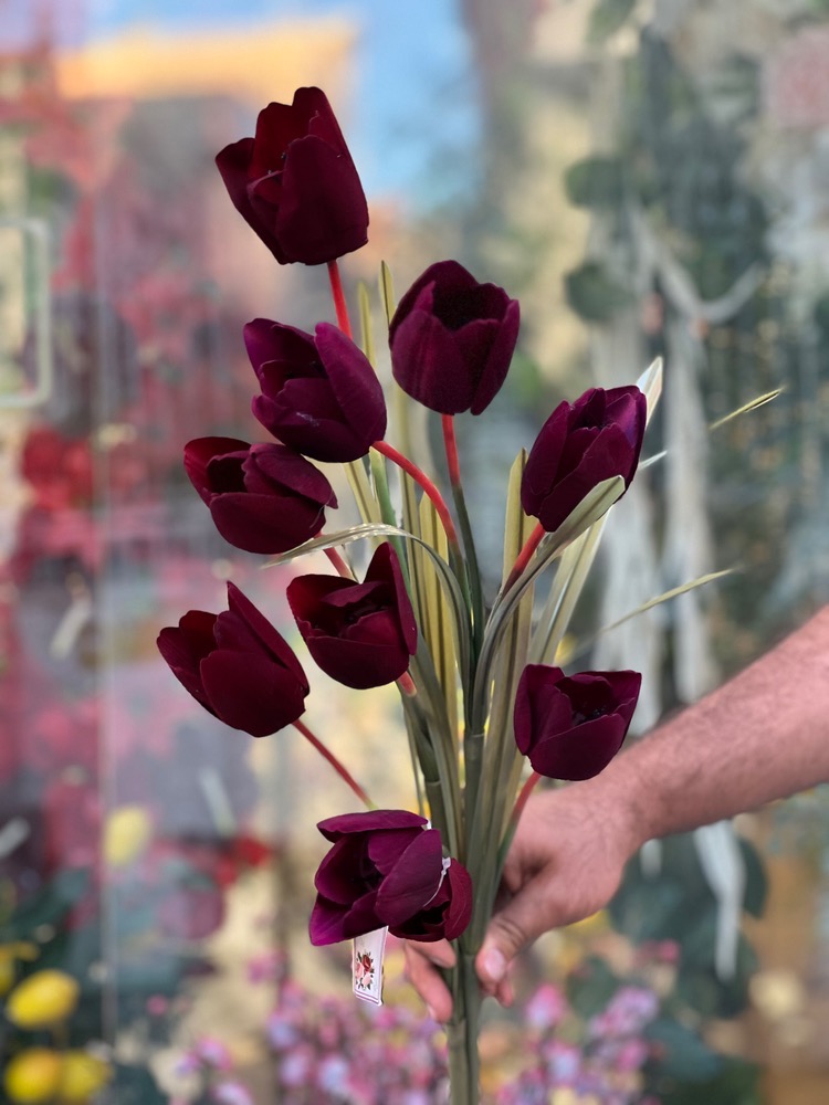 شاخه لاله مصنوعی پارچه ای ۵گل کیفیت وارداتی رنگ زرشکی