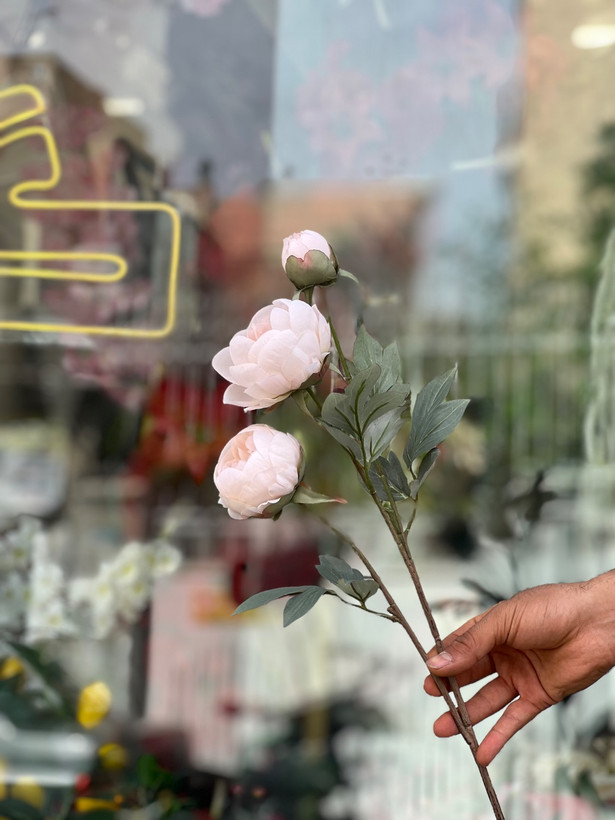 شاخه پیونی مصنوعی دو گل و یک غنچه وارداتی