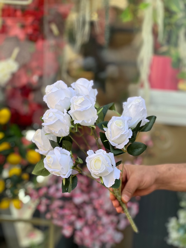 بوته مصنوعی رز قنچه ۹گل وارداتی رنگ سفید