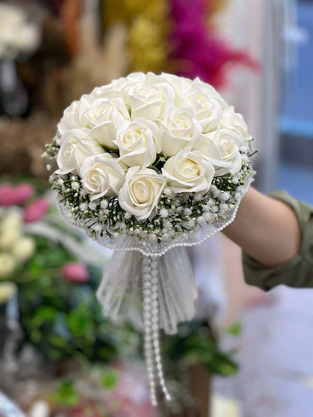 دسته گل عروس رز مصنوعی صابونی ۱۸شاخه سفید