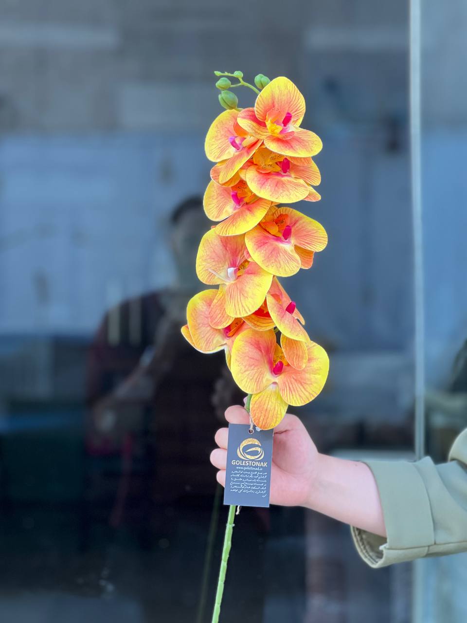 ارکیده مصنوعی ۹گل لمسی رنگ خورشیدی