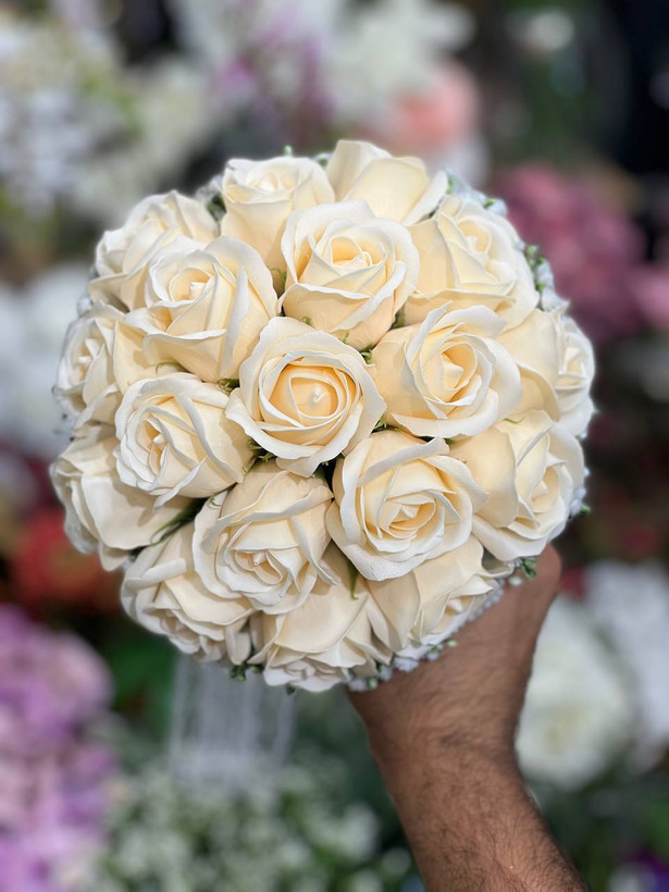 دسته گل عروس رز مصنوعی صابونی ۱۸شاخه گلبهی