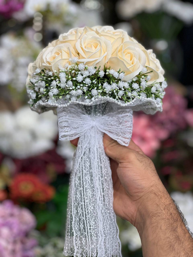 دسته گل عروس رز مصنوعی صابونی ۱۸شاخه گلبهی