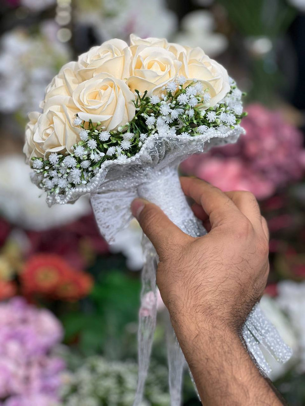 دسته گل عروس رز مصنوعی صابونی ۱۸شاخه گلبهی