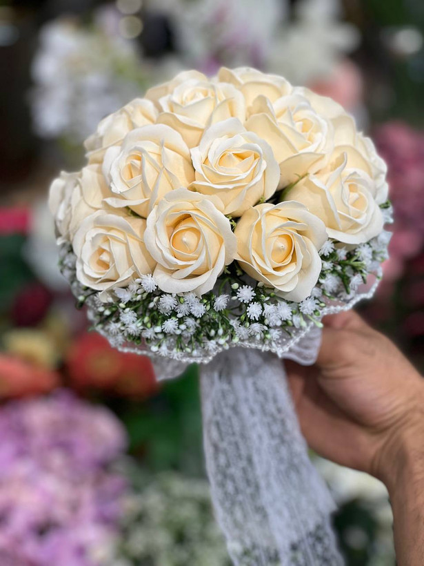 دسته گل عروس رز مصنوعی صابونی ۱۸شاخه گلبهی
