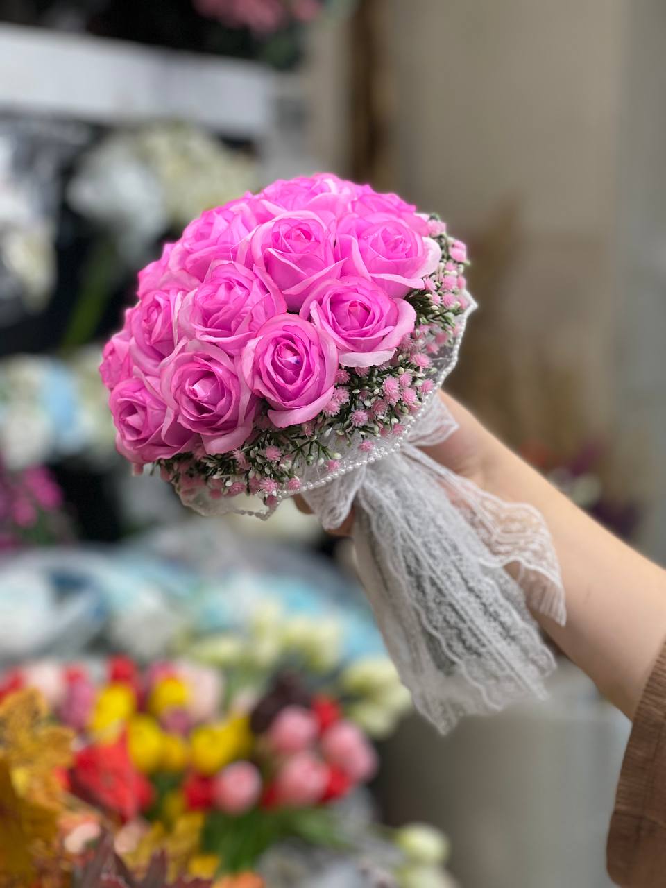دسته گل عروس رز مصنوعی طرح صابونی ۱۸شاخه صورتی
