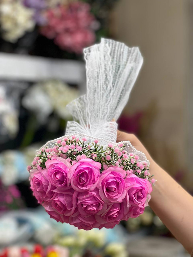 دسته گل عروس رز مصنوعی طرح صابونی ۱۸شاخه صورتی