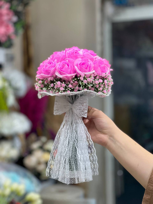 دسته گل عروس رز مصنوعی طرح صابونی ۱۸شاخه صورتی