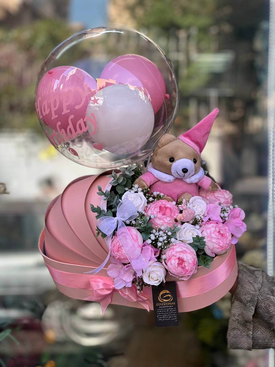 باکس گل نوزاد(کودک) مدل گهواره تم( صورتی) دخترانه با عروسک
