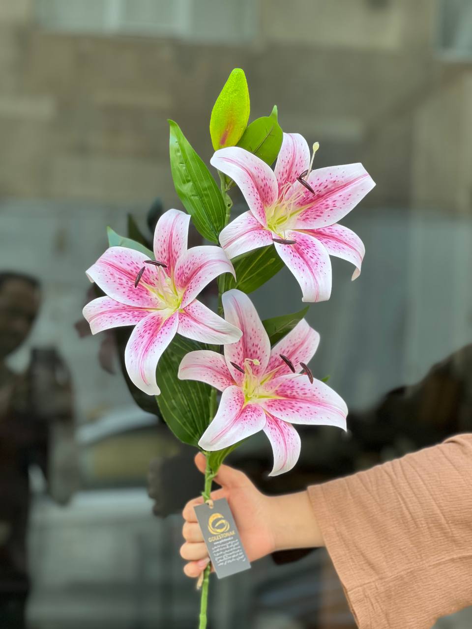 لیلیوم مصنوعی لمسی وارداتی سه گل رنگ صورتی