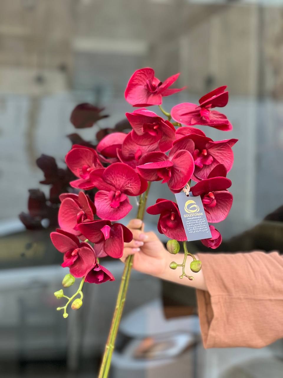 ارکیده چرمی مصنوعی 7گل رنگ زرشکی وارداتی